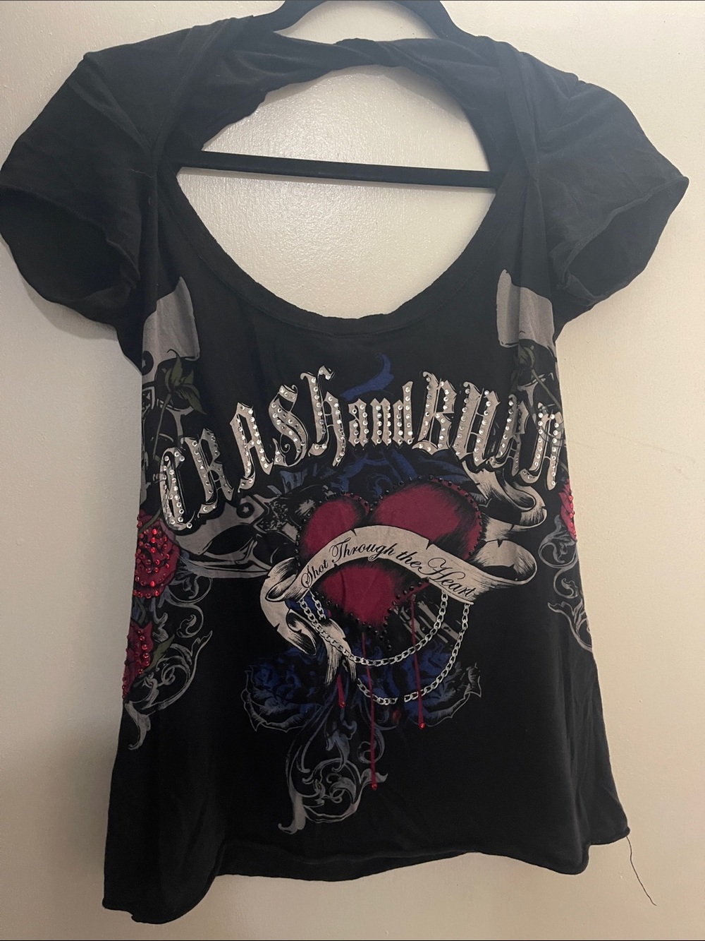 Crash & Burn Black Tee with Pink Heart and Stud Accents